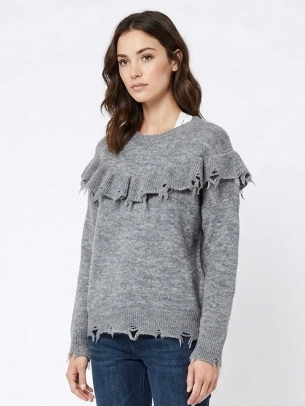 Peyton Jensen Evereve Crewneck Tattered Ruffle sweater in Heather Gray Size XS